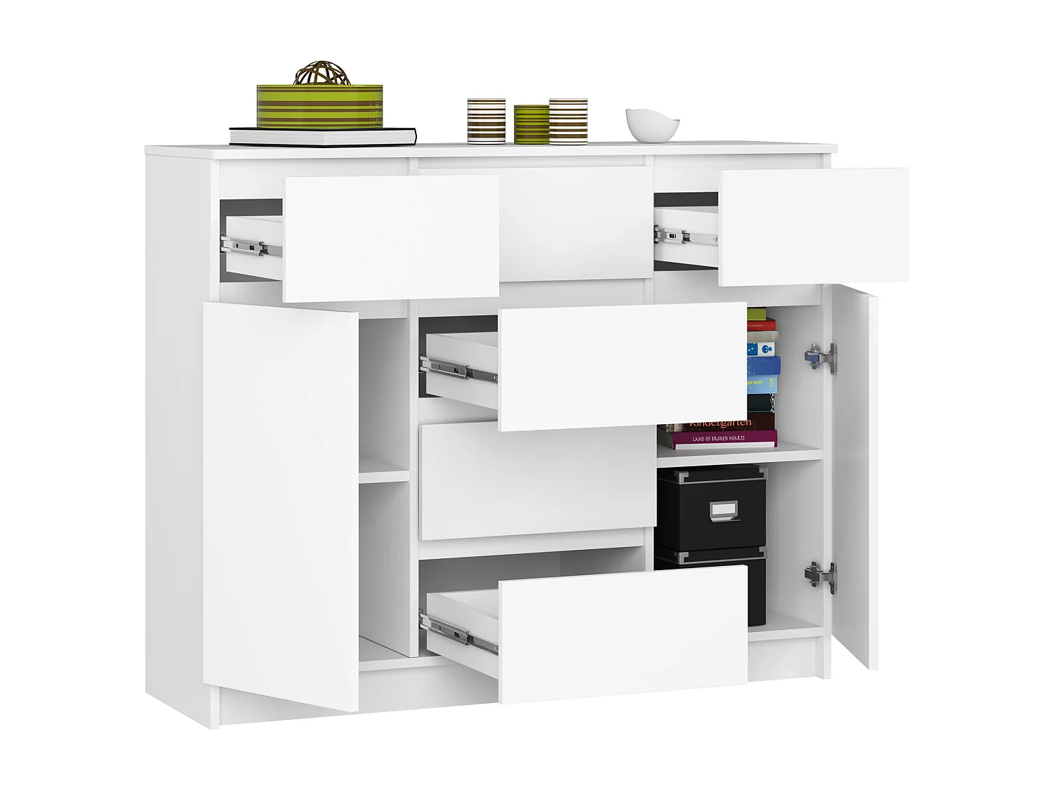 Commode AKORD K017 Blanche 120 cm 2 portes 6 tiroirs façade Blanche 4 étagères 120x40x99 cm