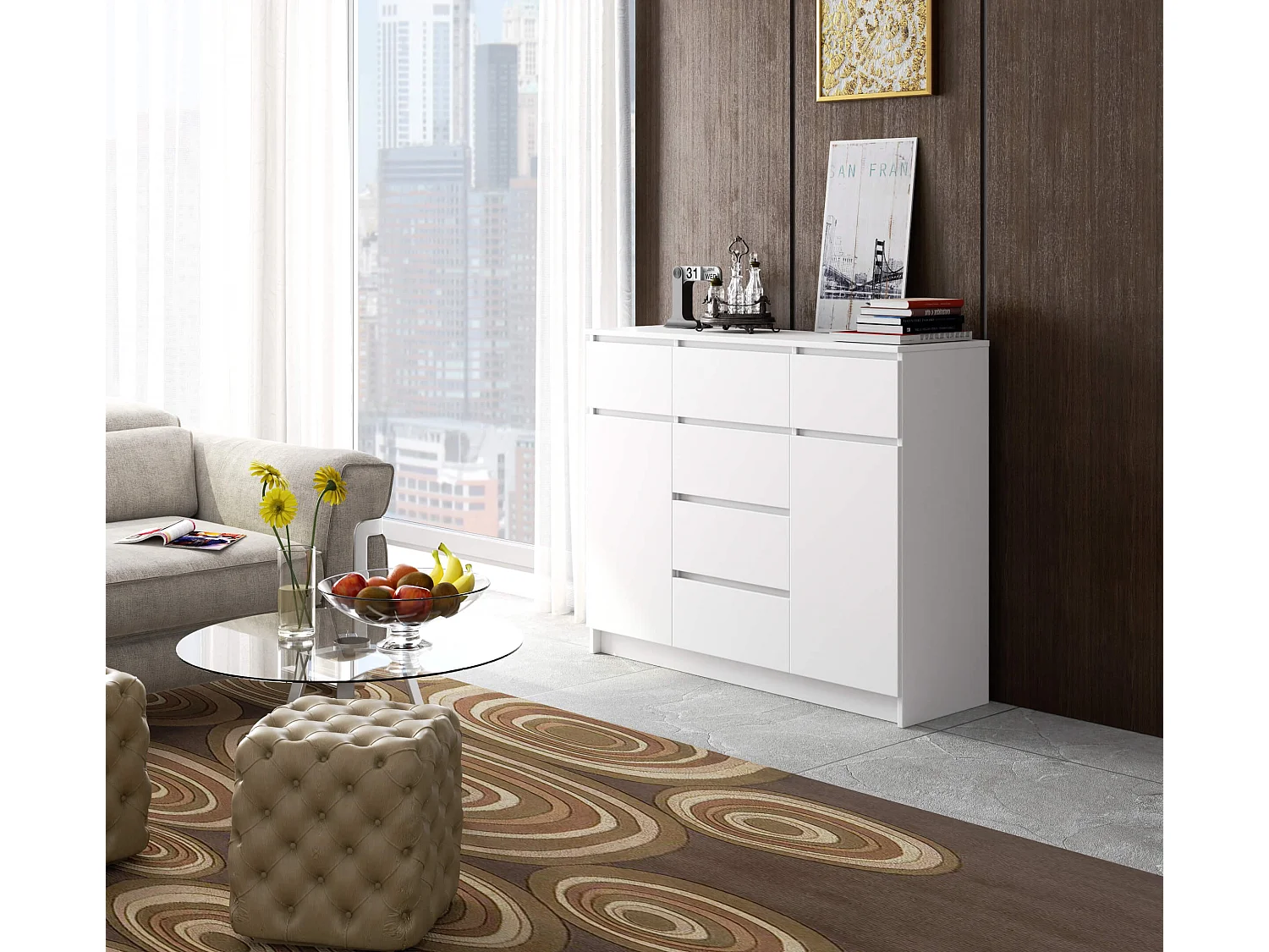 Commode AKORD K017 Blanche 120 cm 2 portes 6 tiroirs façade Blanche 4 étagères 120x40x99 cm