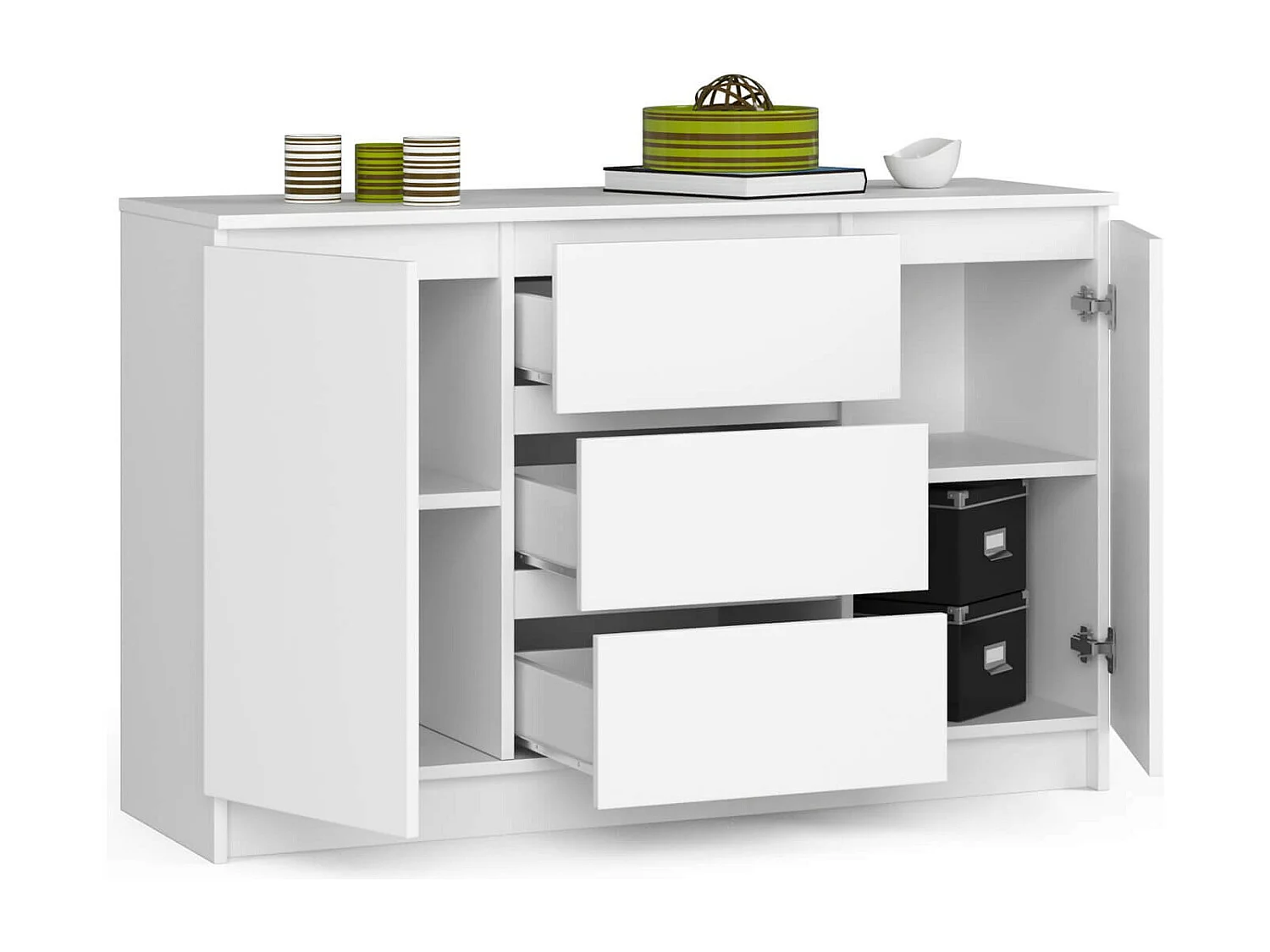 Kommode AKORD K016 Weiß 120 cm 2 Türen 3 Schubladen 4 Ebenen B120 x H77 x T40 cm