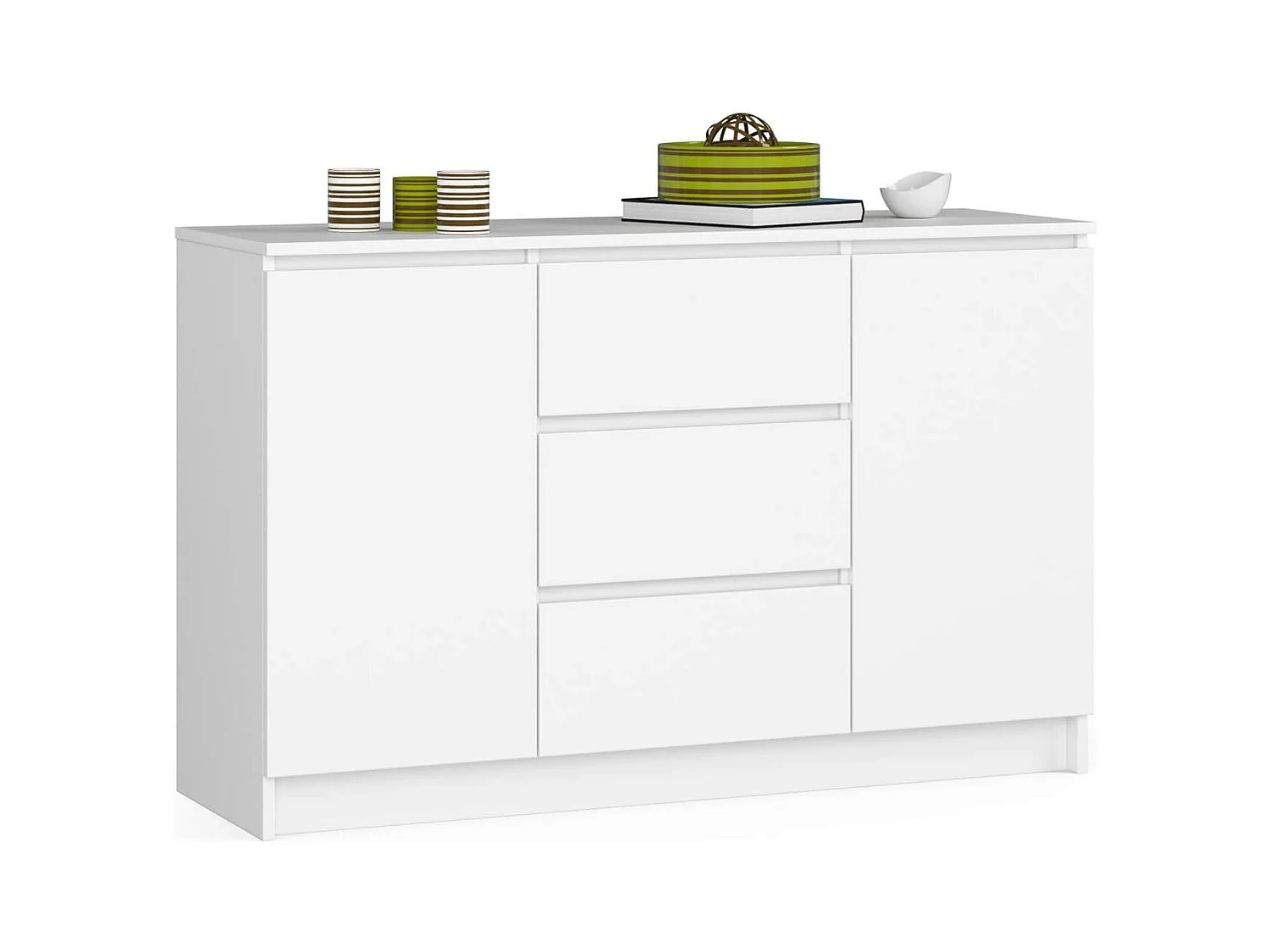 Commode AKORD K016 Blanche 120 cm 2 portes 3 tiroirs façade Blanche 4 étagères 120x40x77 cm