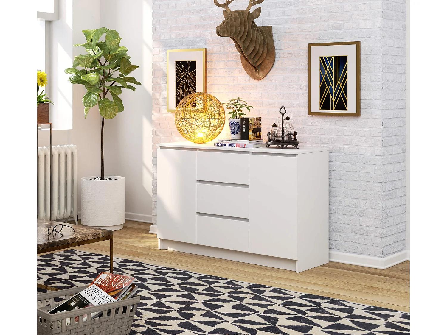 Commode AKORD K016 Blanche 120 cm 2 portes 3 tiroirs façade Blanche 4 étagères 120x40x77 cm