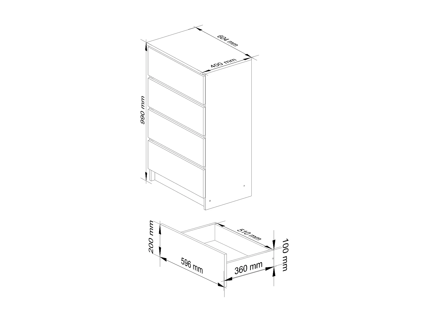 Commode AKORD K60 Blanche 60 cm 4 tiroirs façade Blanche Brillante 60x40x99 cm