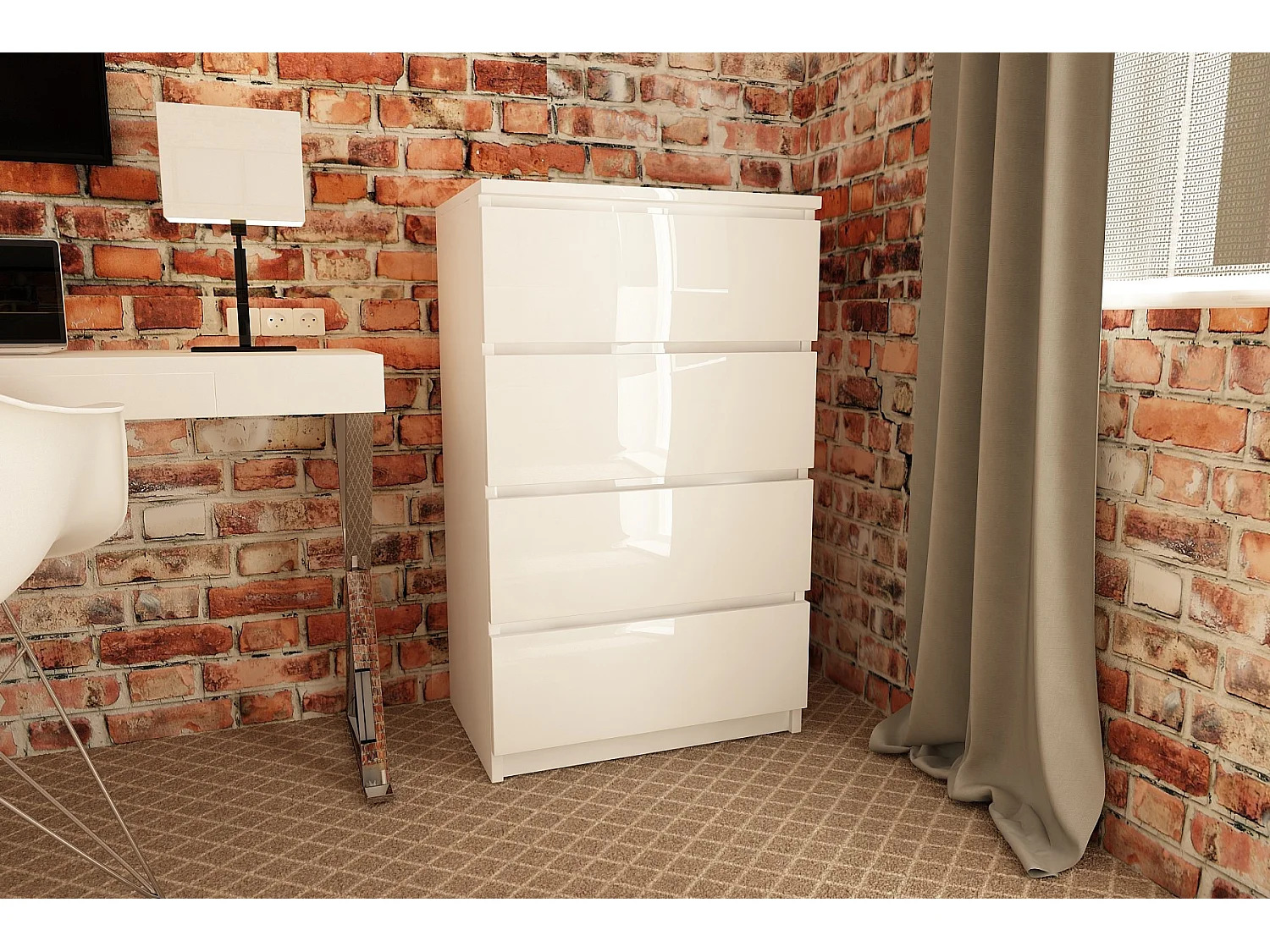 Commode AKORD K60 Blanche 60 cm 4 tiroirs façade Blanche Brillante 60x40x99 cm