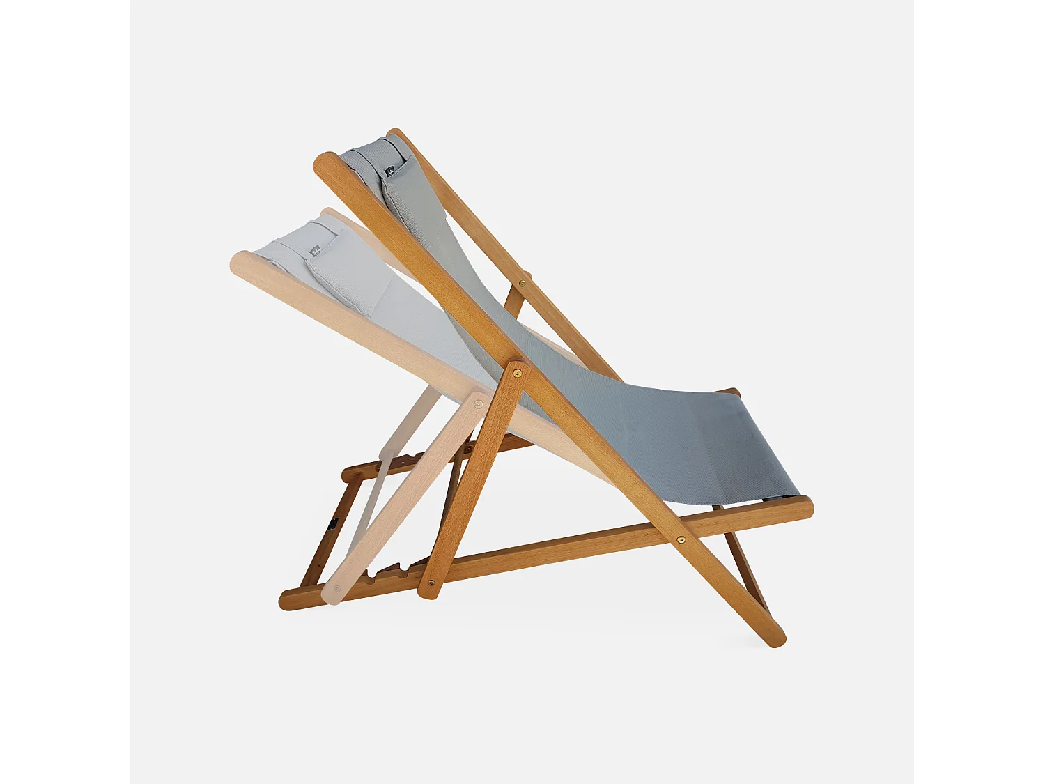 Chiliennes bois - Creus - 2 transats en bois d'Eucalyptus huilé avec coussin repose-tête gris taupe