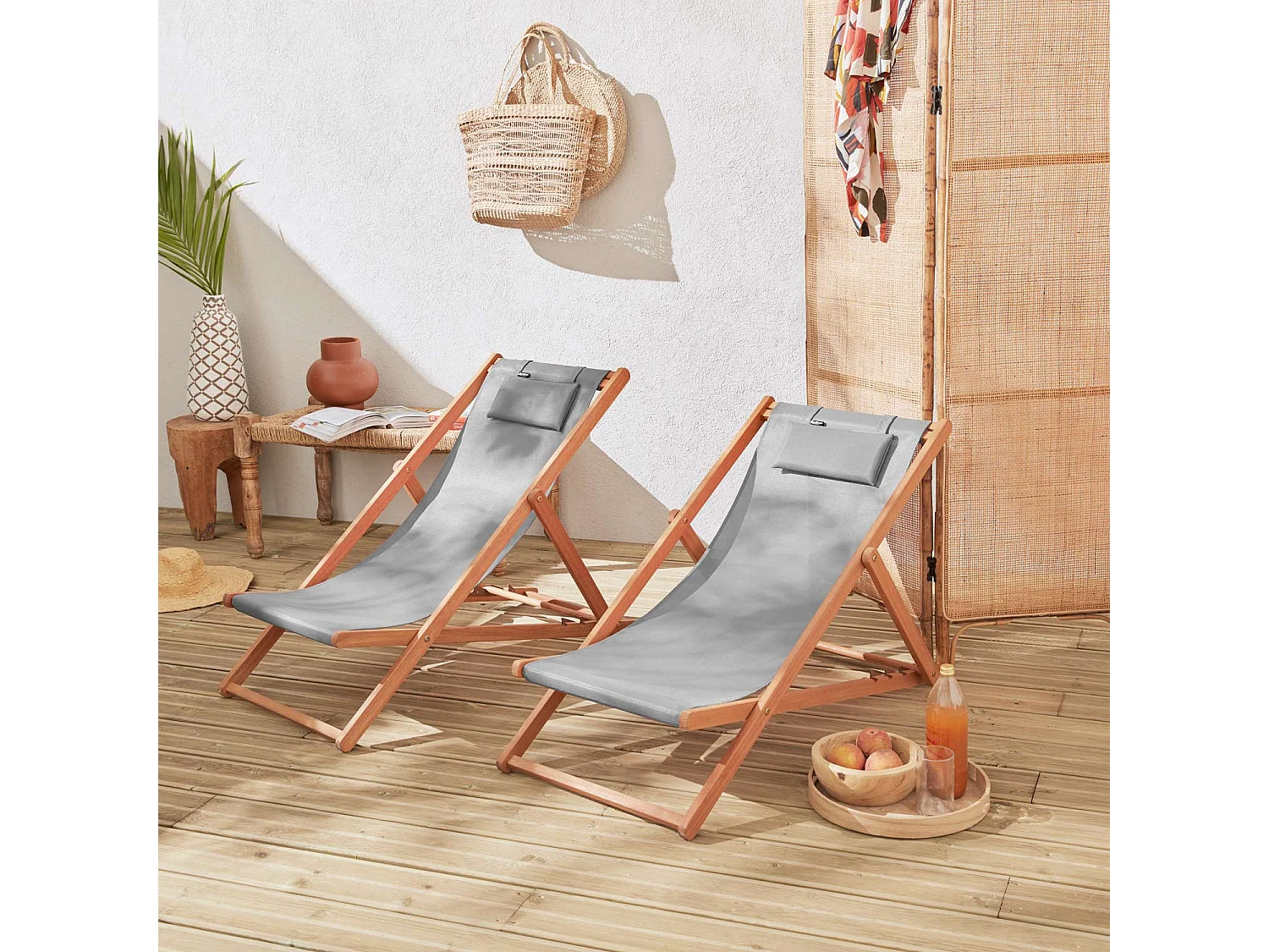 Set 2 sedie sdraio in legno con cuscino poggiatesta, grigio bruno