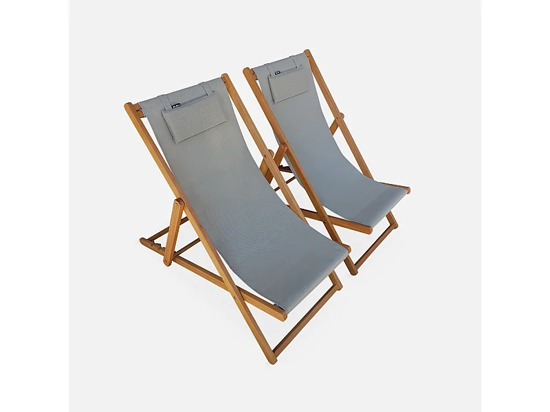 Chiliennes bois - Creus - 2 transats en bois d'Eucalyptus huilé avec coussin repose-tête gris taupe