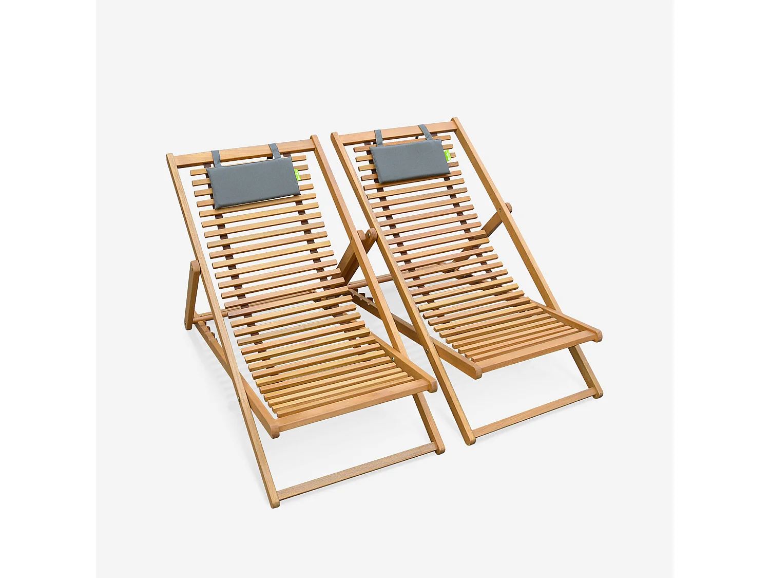 Chiliennes bois à lattes - Bilbao - 2 transats en bois d'Eucalyptus huilé avec coussin repose-tête gris