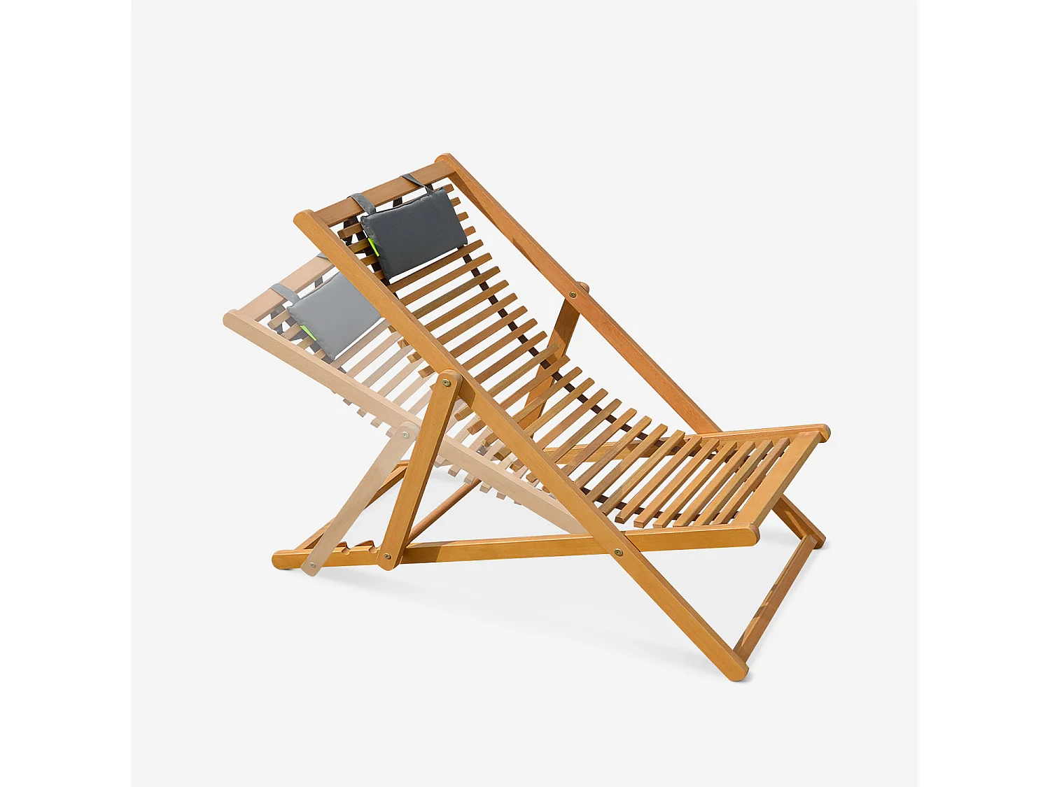 Chiliennes bois à lattes - Bilbao - 2 transats en bois d'Eucalyptus huilé avec coussin repose-tête gris