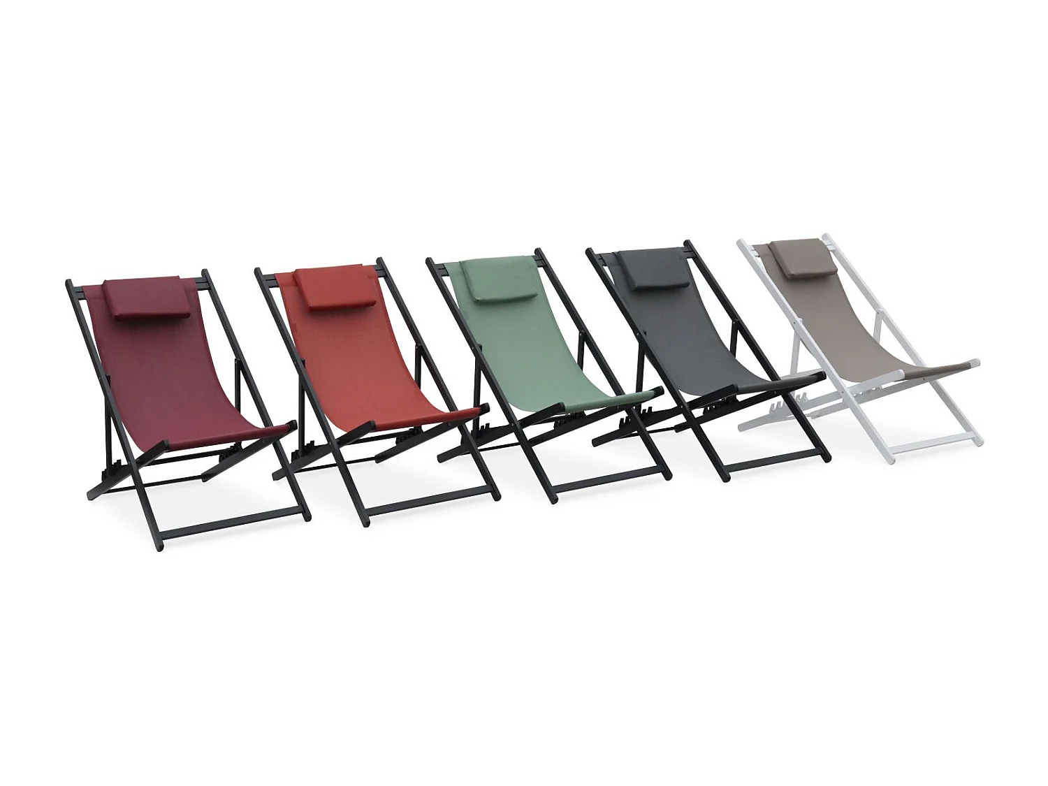 Lot de 2 bains de soleil - Gaia gris - Transat en aluminium gris anthracite et textilene gris avec coussin repose tête. chilienne