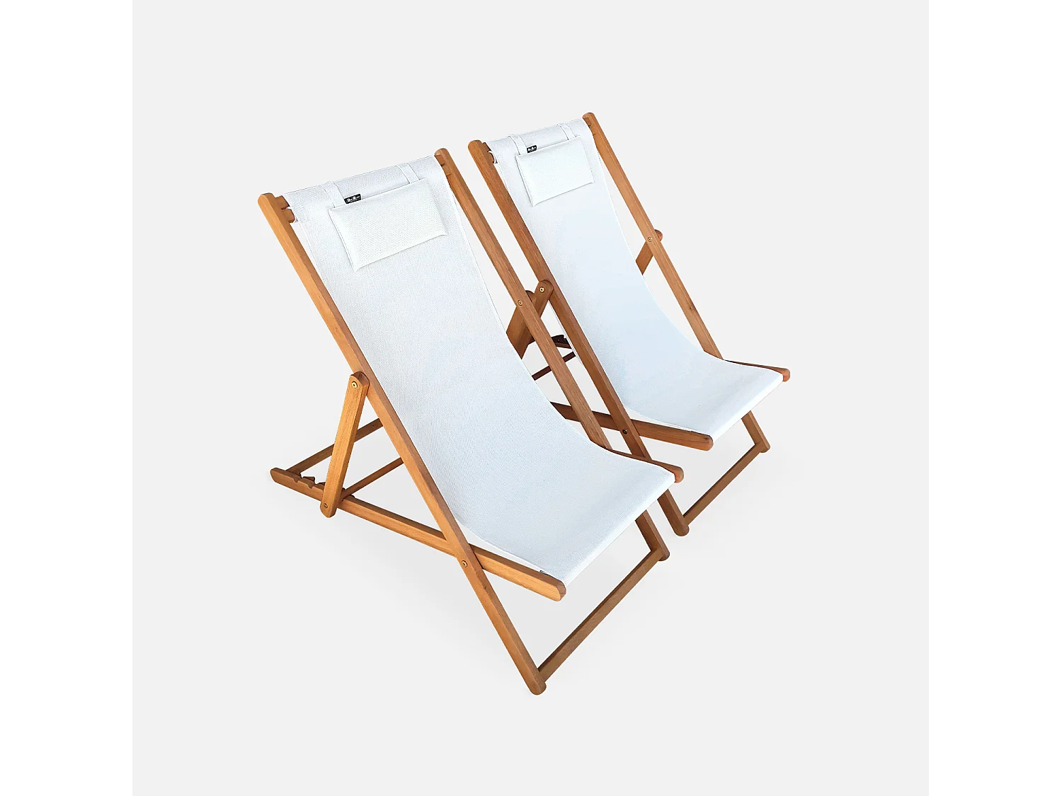 Chiliennes bois - Creus - 2 transats en bois d'Eucalyptus huilé avec coussin repose-tête blanc