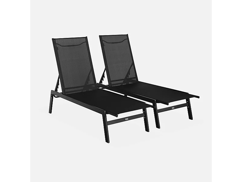 Lot de 2 transats noir. 5 positions. en textilène et métal. FLORA.  L155 x P59 x H106cm