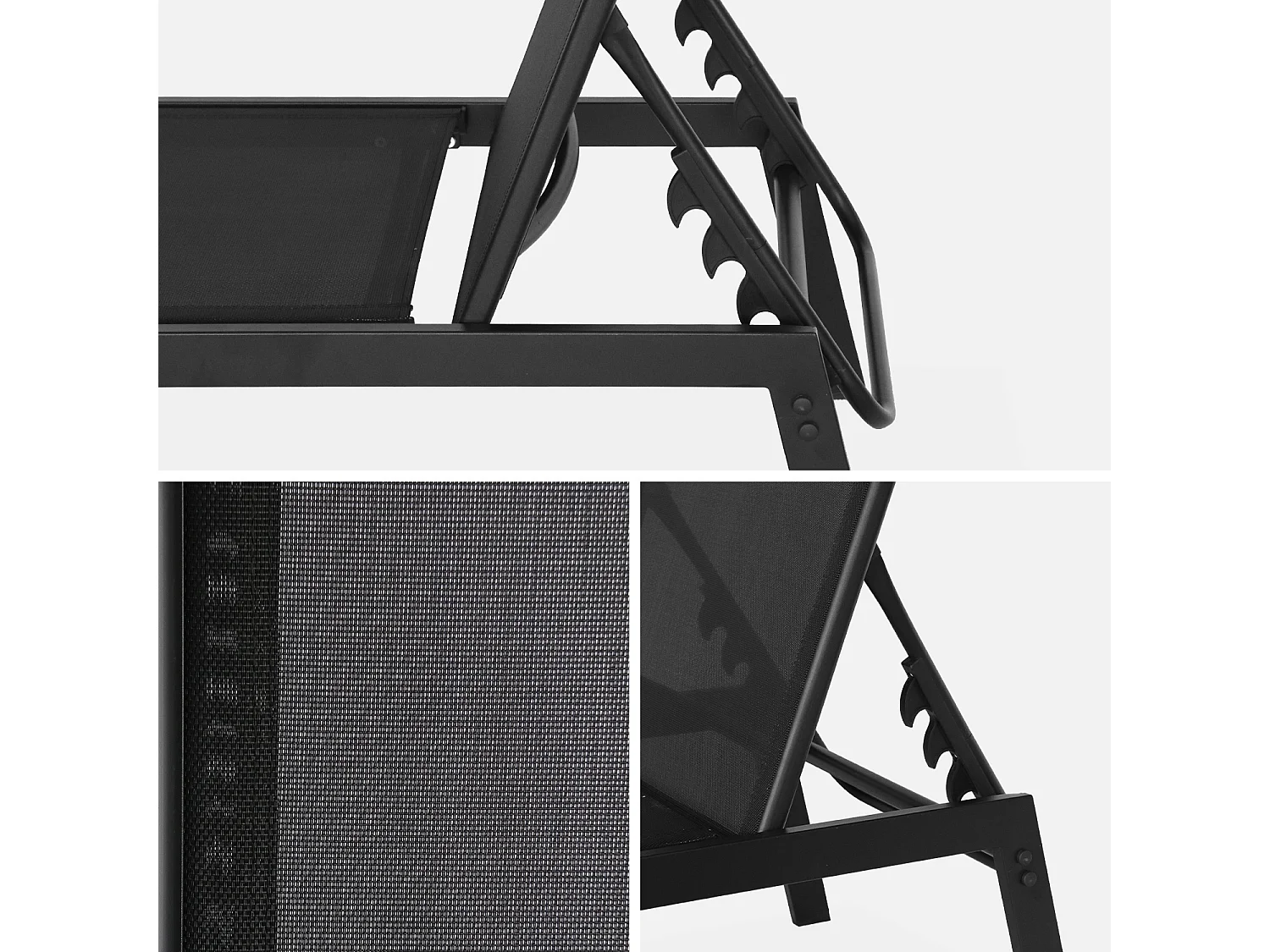 Lot de 2 transats noir. 5 positions. en textilène et métal. FLORA.  L155 x P59 x H106cm