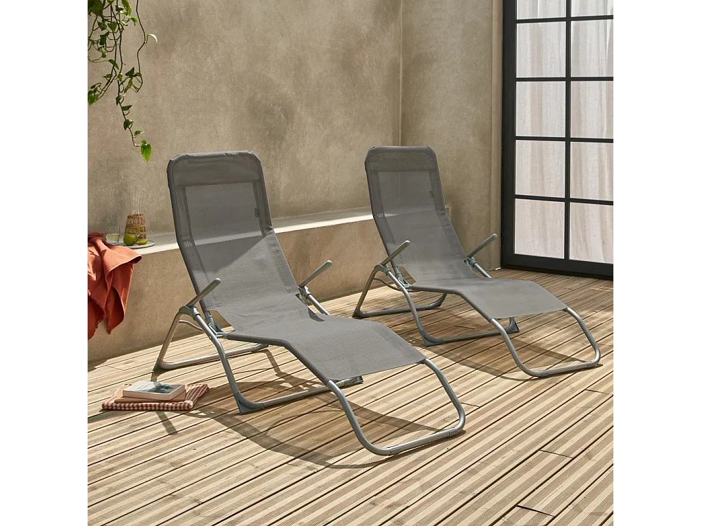 Tumbona plegable de textileno con 2 posiciones, set de 2 antracita