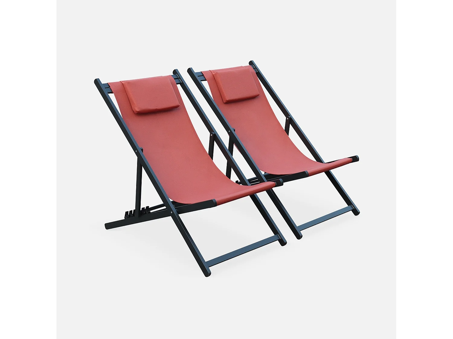 Lot de 2 bains de soleil - Gaia terra cotta - Transat en aluminium gris anthracite et textilene avec coussin repose tête. chilienne
