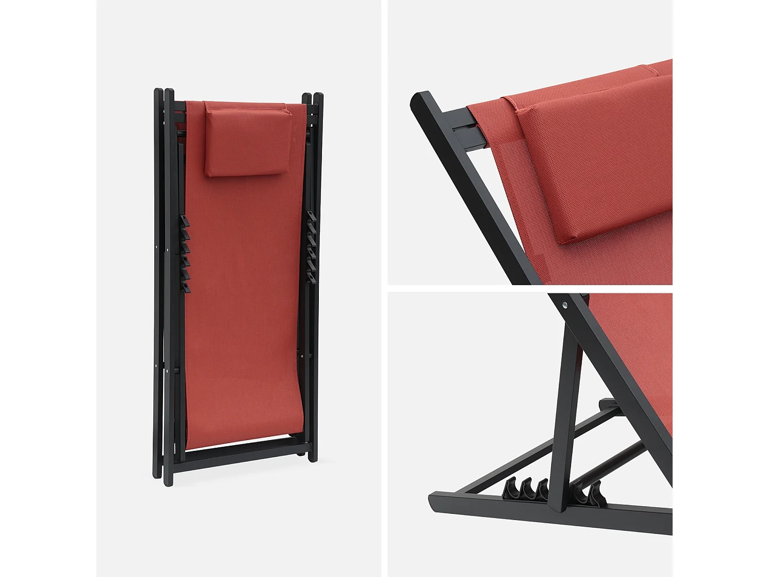 Lot de 2 bains de soleil - Gaia terra cotta - Transat en aluminium gris anthracite et textilene avec coussin repose tête. chilienne