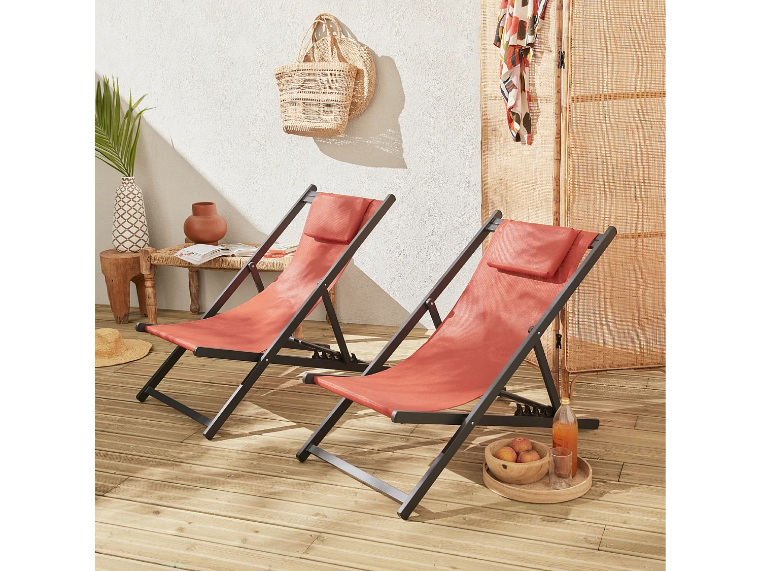 Lot de 2 bains de soleil - Gaia terra cotta - Transat en aluminium gris anthracite et textilene avec coussin repose tête. chilienne