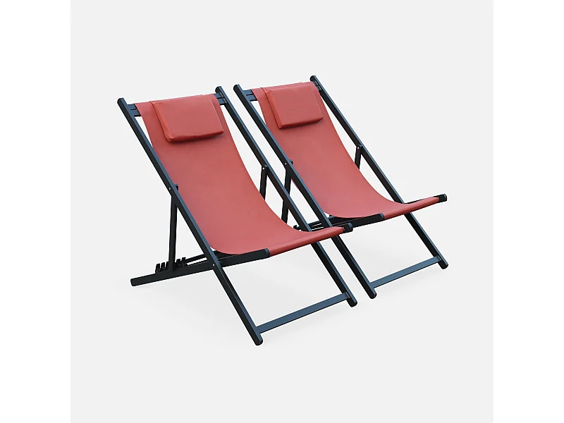 Lot de 2 bains de soleil - Gaia terra cotta - Transat en aluminium gris anthracite et textilene avec coussin repose tête. chilienne