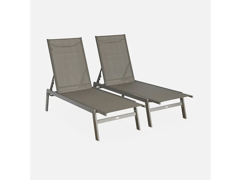 Lot de 2 transats taupe. 5 positions. en textilène et métal. FLORA.  L155 x P59 x H106cm