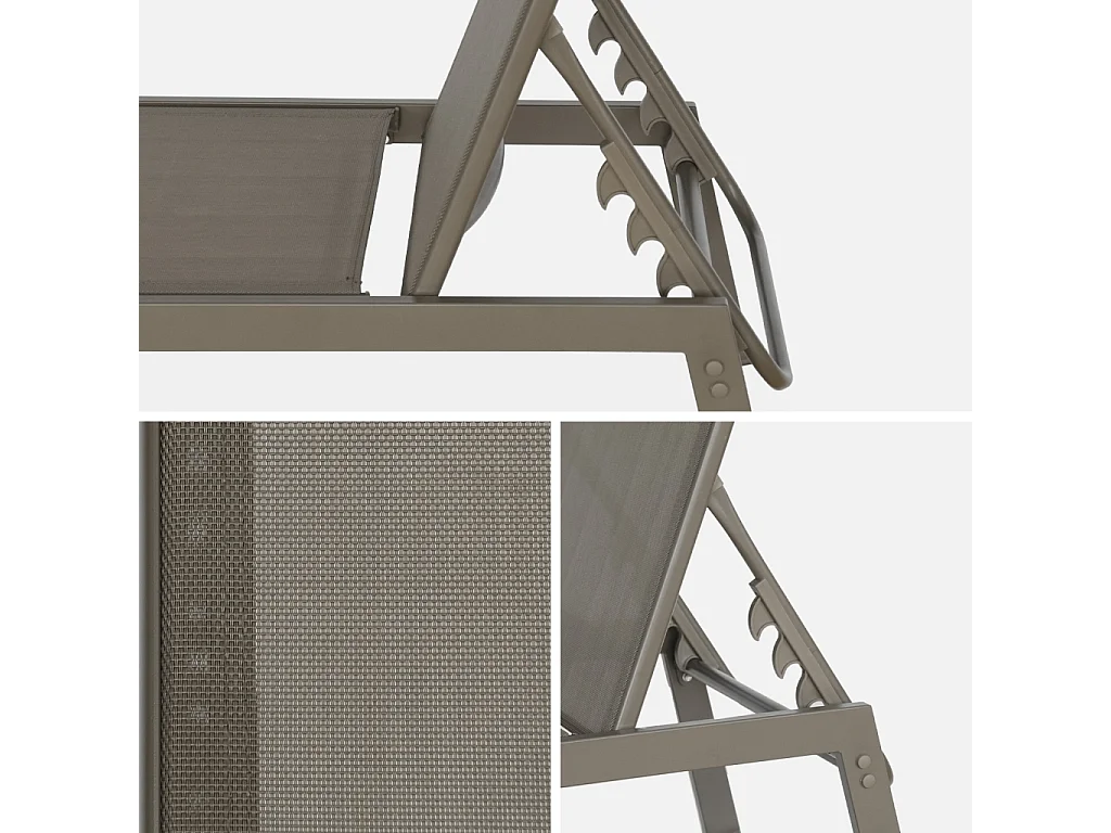 Lot de 2 transats taupe. 5 positions. en textilène et métal. FLORA.  L155 x P59 x H106cm