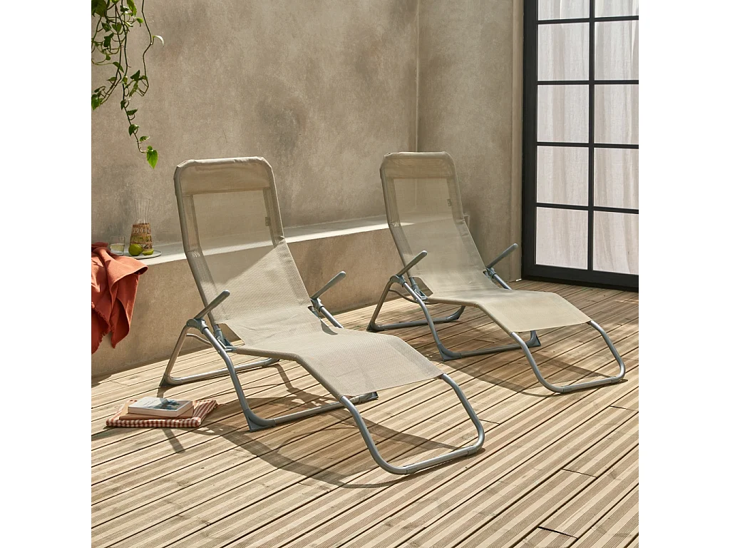 Tumbona plegable de textileno con 2 posiciones, set de 2 pardo