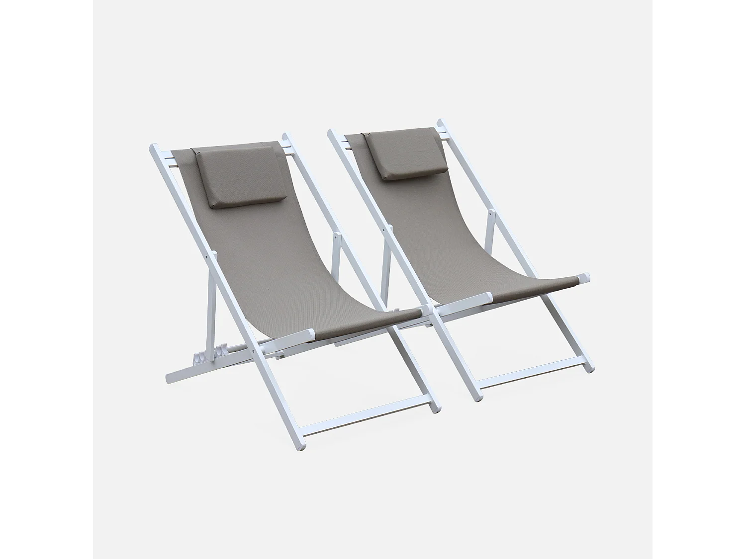 Lot de 2 bains de soleil - Gaia taupe - en aluminium blanc et textilene taupe avec coussin repose tête. chilienne