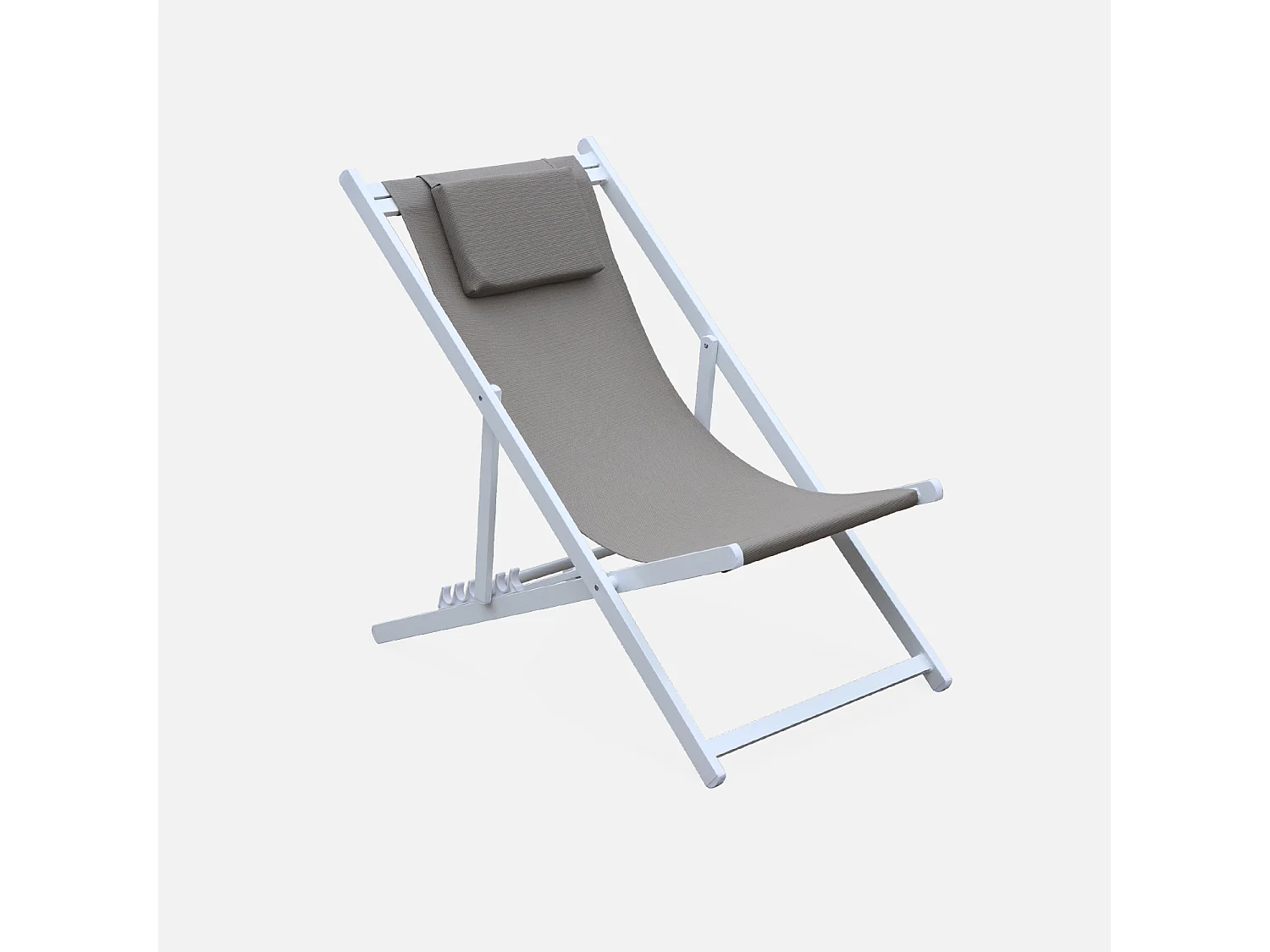 Lot de 2 bains de soleil - Gaia taupe - en aluminium blanc et textilene taupe avec coussin repose tête. chilienne