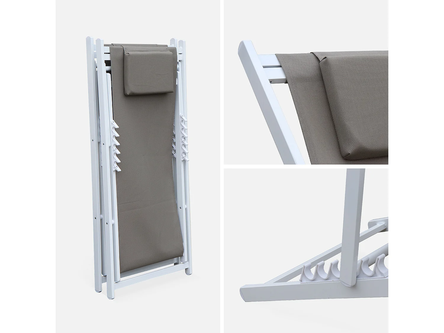 Lot de 2 bains de soleil - Gaia taupe - en aluminium blanc et textilene taupe avec coussin repose tête. chilienne