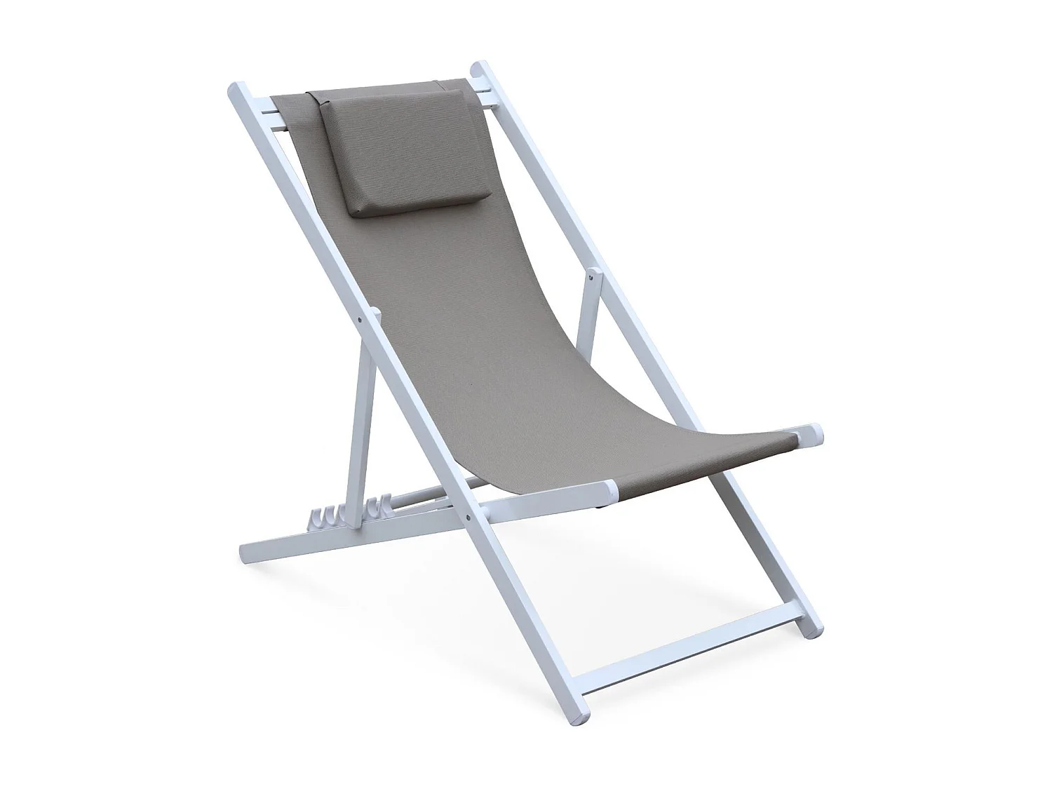 Lot de 2 bains de soleil - Gaia taupe - en aluminium blanc et textilene taupe avec coussin repose tête. chilienne