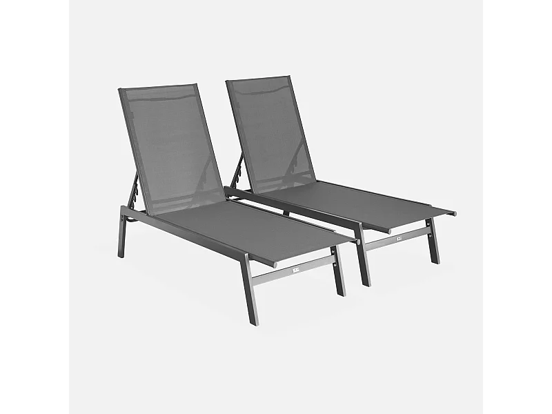 Lot de 2 transats anthracite. 5 positions. en textilène et métal. FLORA.  L155 x P59 x H106cm