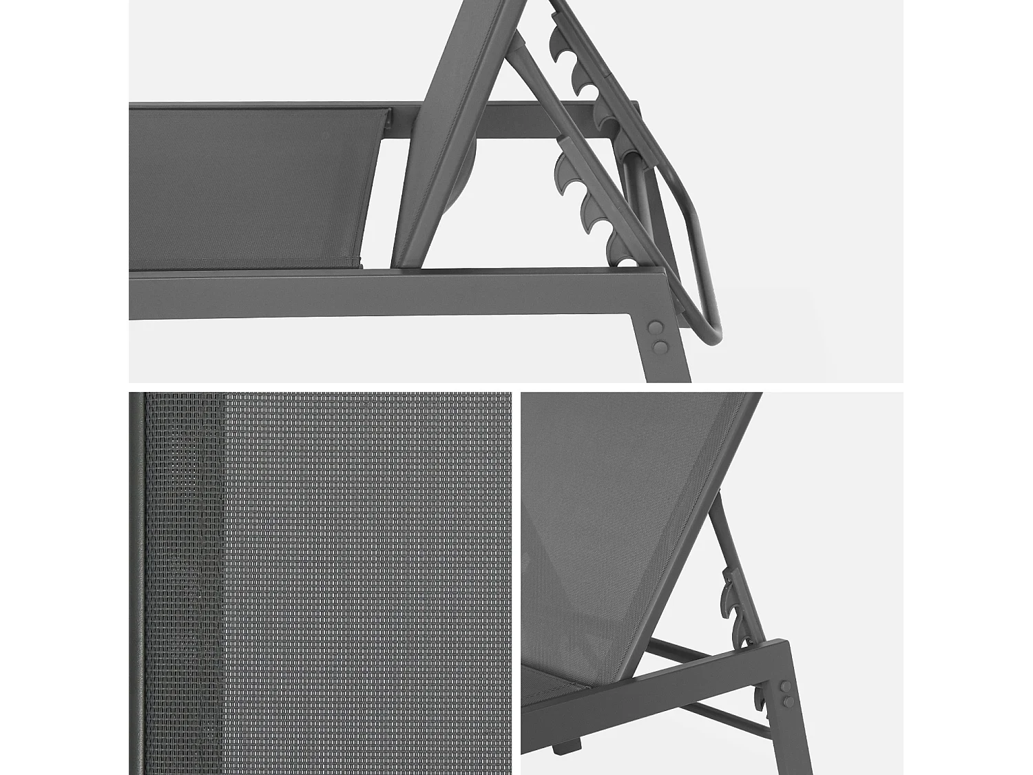 Lot de 2 transats anthracite. 5 positions. en textilène et métal. FLORA.  L155 x P59 x H106cm