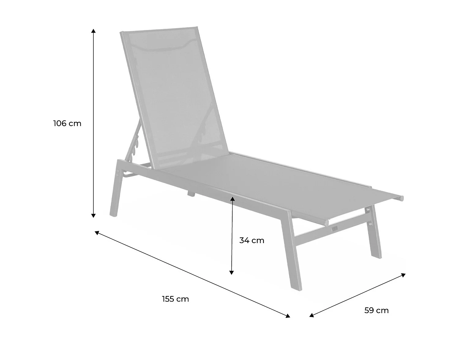 Lot de 2 transats anthracite. 5 positions. en textilène et métal. FLORA.  L155 x P59 x H106cm
