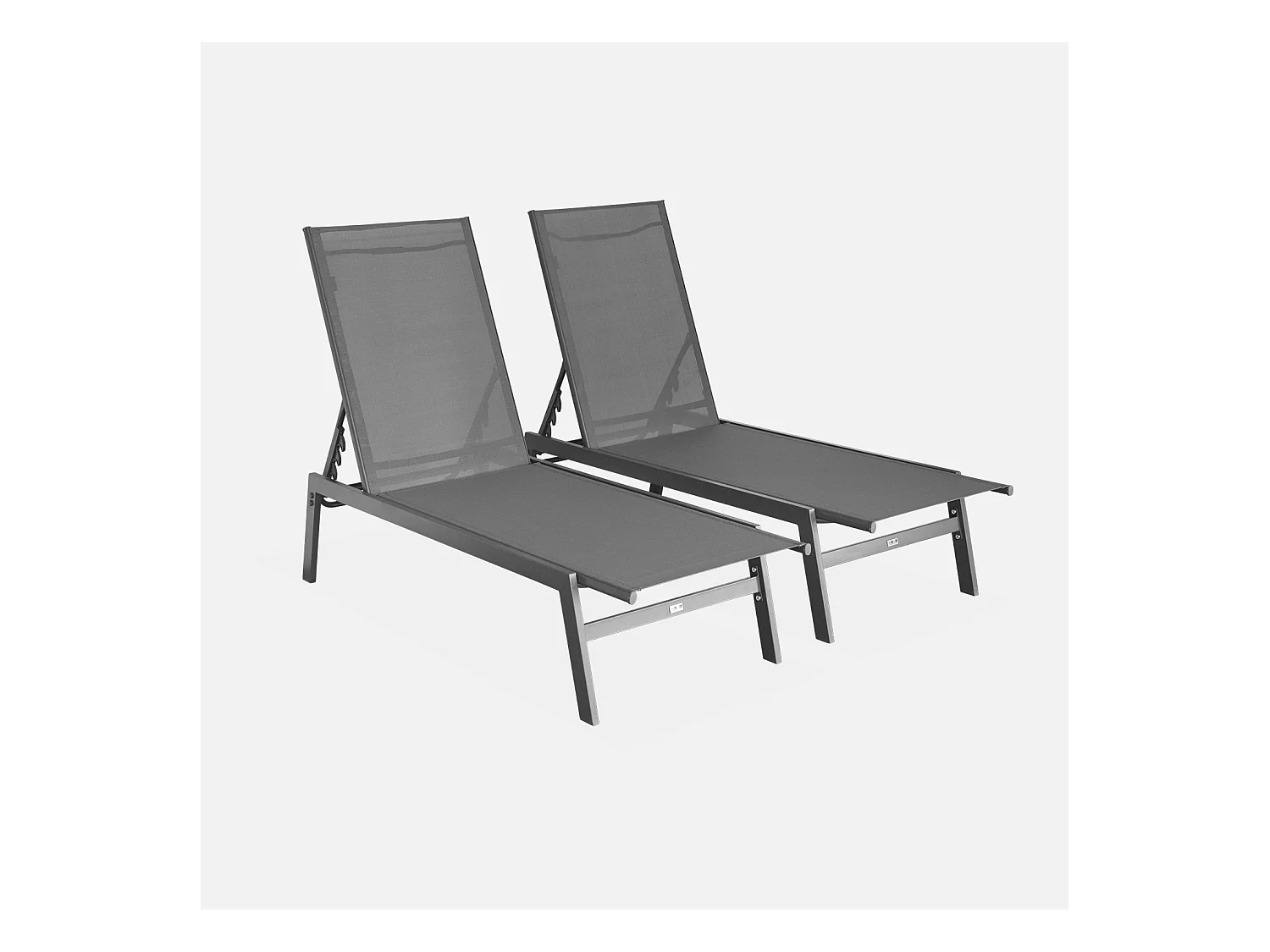 Lot de 2 transats anthracite. 5 positions. en textilène et métal. FLORA.  L155 x P59 x H106cm