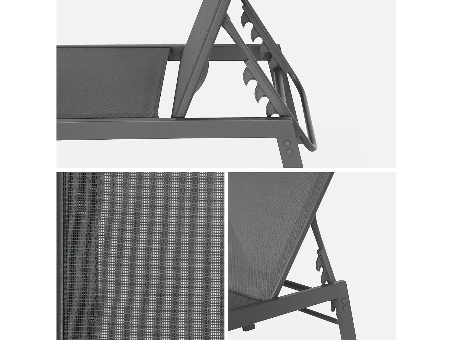 Lot de 2 transats anthracite. 5 positions. en textilène et métal. FLORA.  L155 x P59 x H106cm