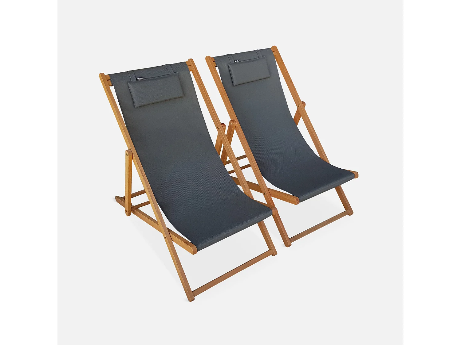 Chiliennes bois - Creus - 2 transats en bois d'Eucalyptus huilé avec coussin repose-tête gris