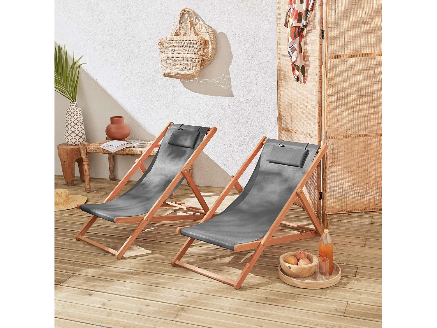 Chiliennes bois - Creus - 2 transats en bois d'Eucalyptus huilé avec coussin repose-tête gris