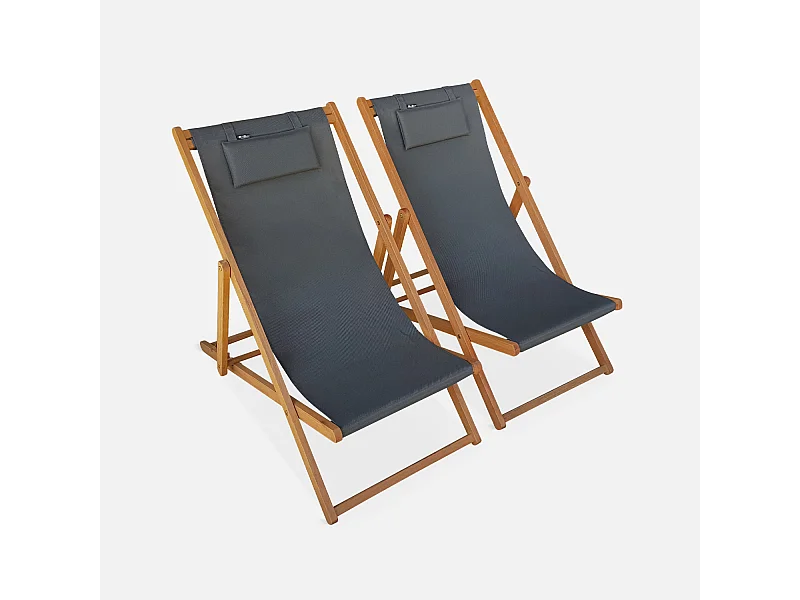 Chiliennes bois - Creus - 2 transats en bois d'Eucalyptus huilé avec coussin repose-tête gris