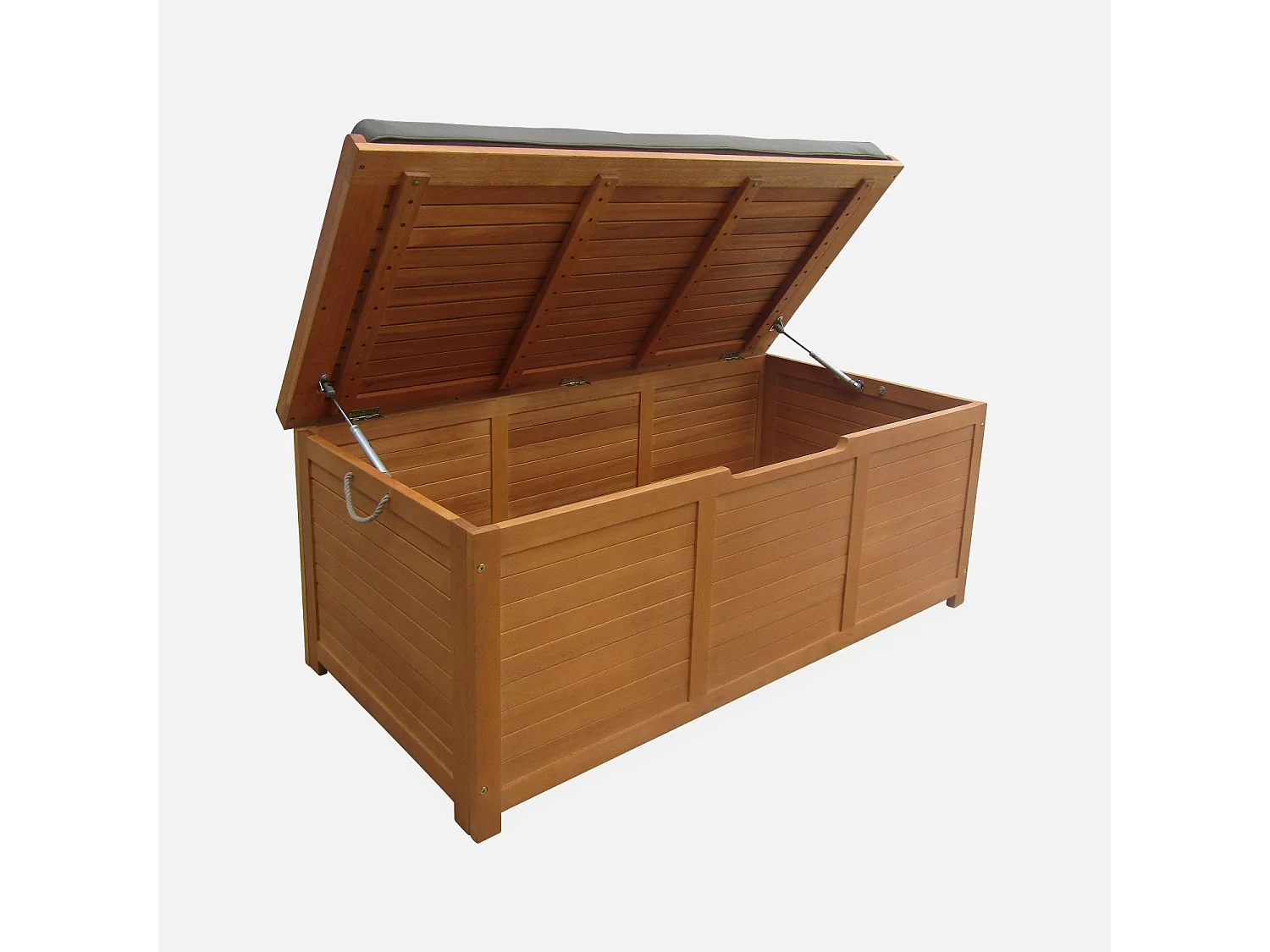 Coffre de jardin en bois 200L - Caja gris- 125x60cm rangement coussins avec 2 vérins et poignées