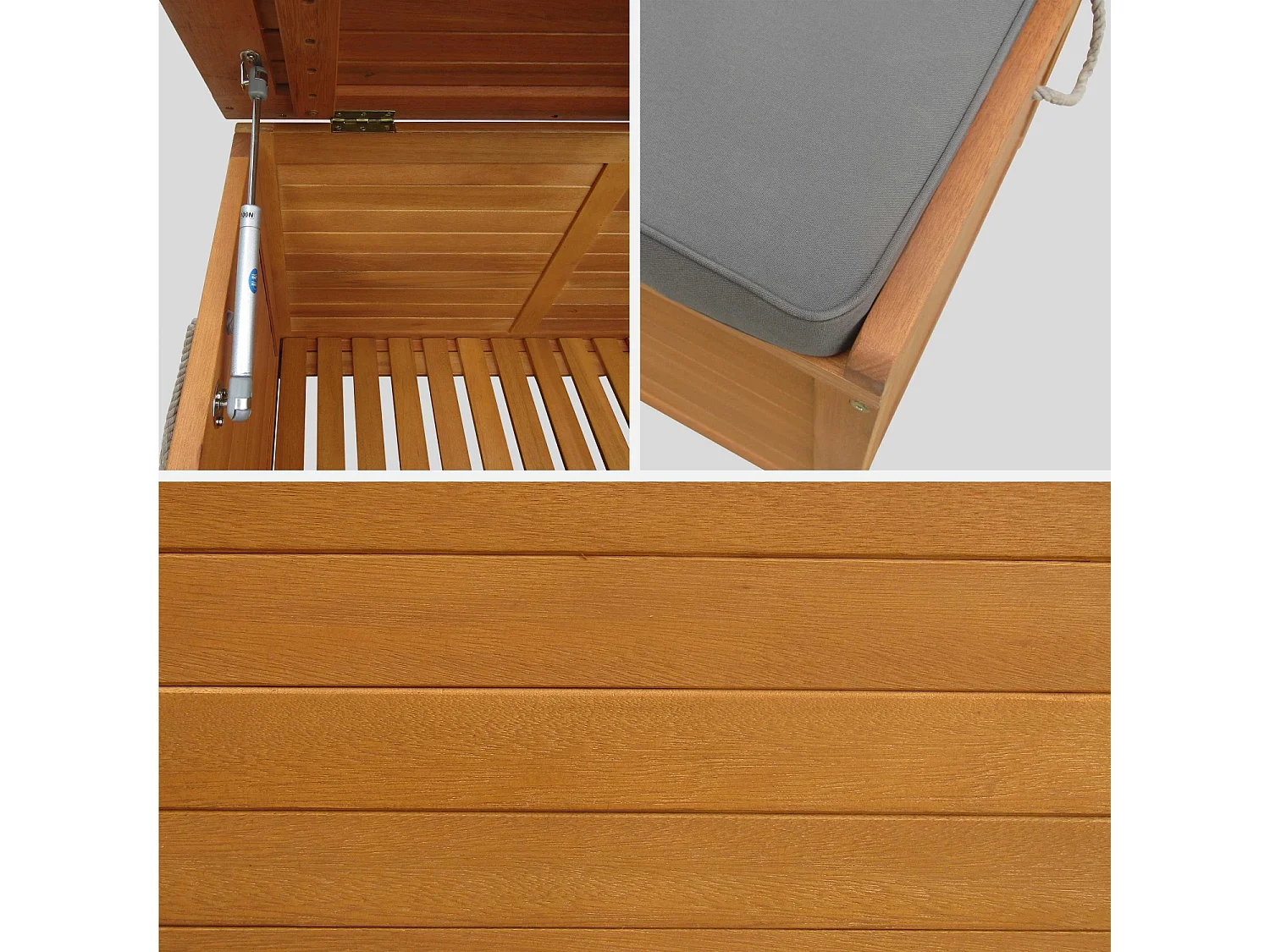 Coffre de jardin en bois 200L - Caja gris- 125x60cm rangement coussins avec 2 vérins et poignées
