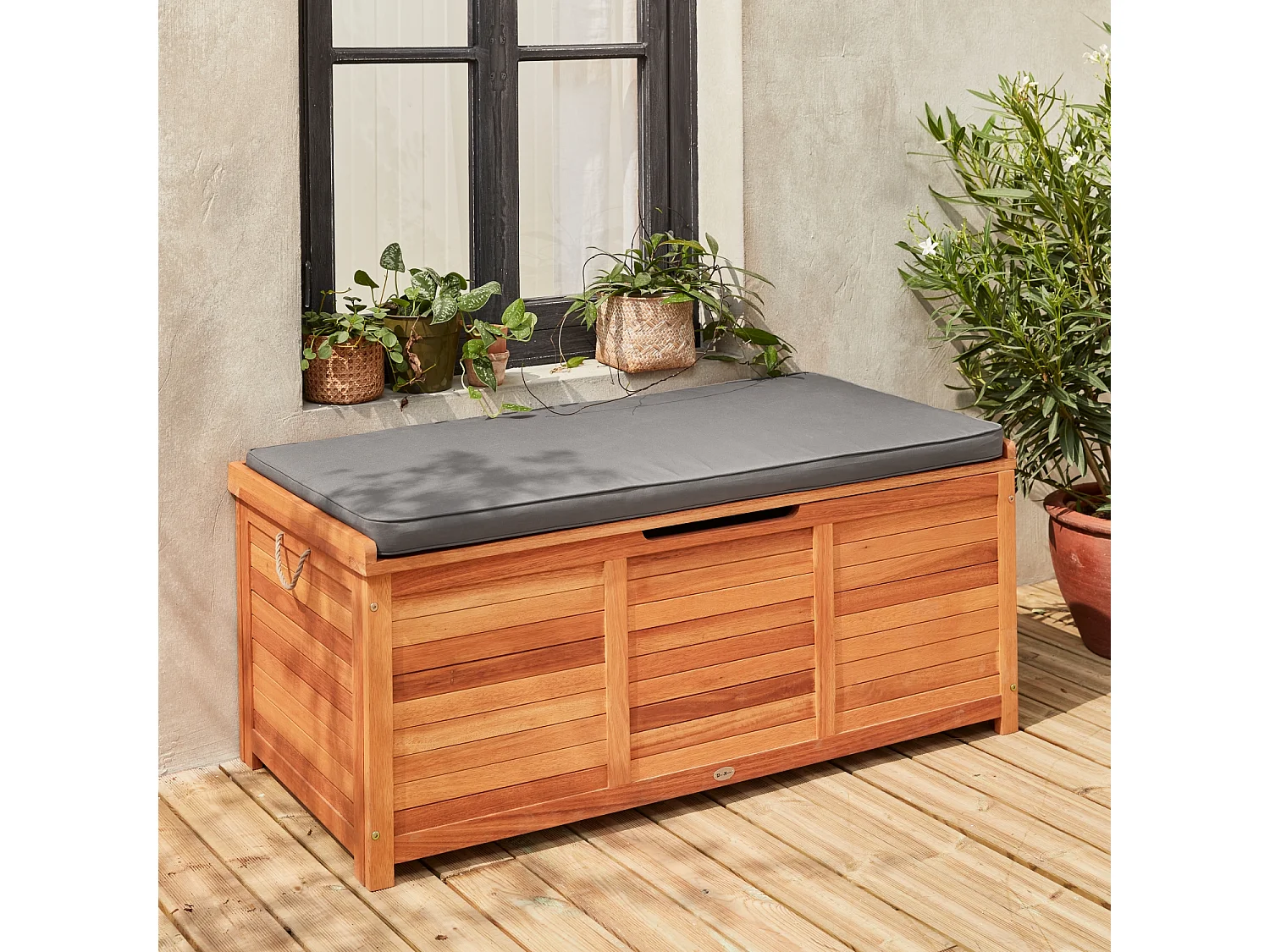 Coffre de jardin en bois 200L - Caja gris- 125x60cm rangement coussins avec 2 vérins et poignées