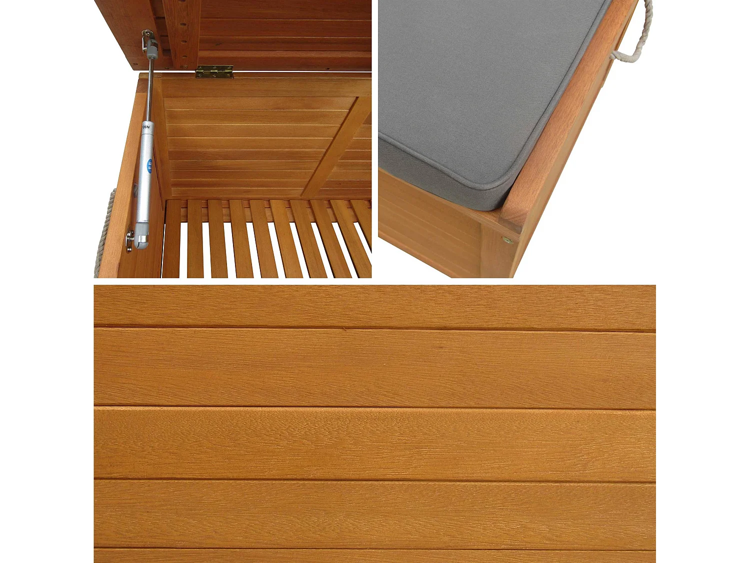 Coffre de jardin en bois 200L - Caja gris- 125x60cm rangement coussins avec 2 vérins et poignées