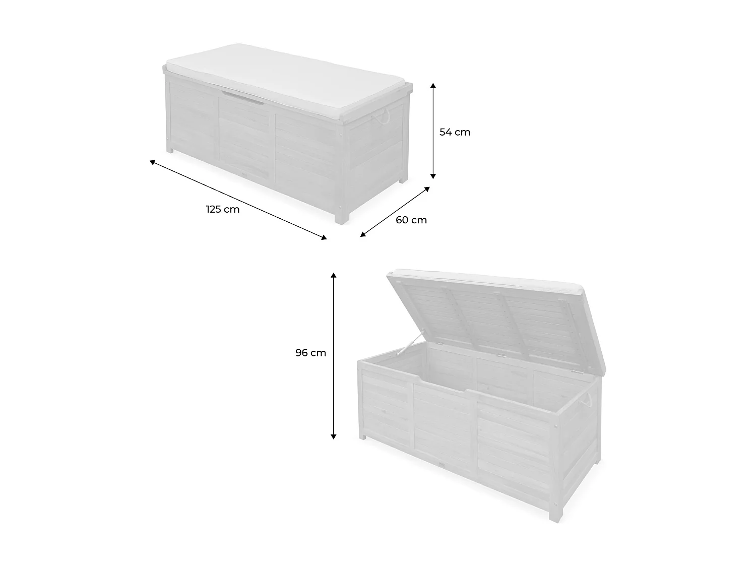 Coffre de jardin en bois 200L - Caja gris- 125x60cm rangement coussins avec 2 vérins et poignées