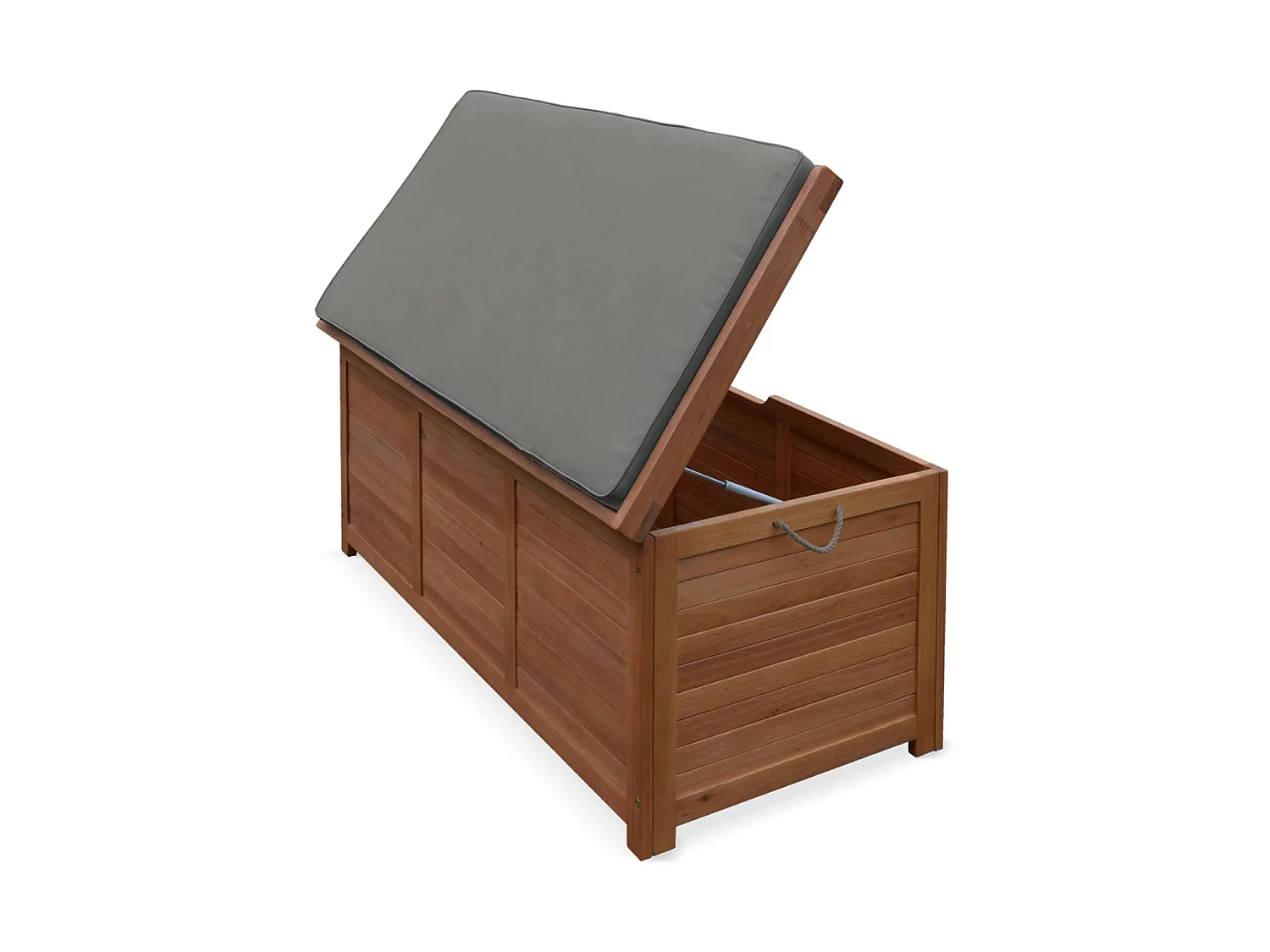 Coffre de jardin en bois 200L - Caja gris- 125x60cm rangement coussins avec 2 vérins et poignées