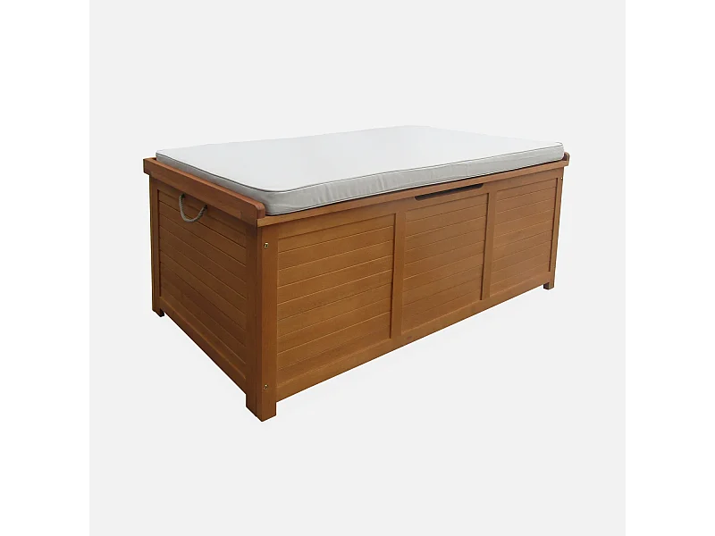 Coffre de jardin 200L en bois - Caja beige - 125x60cm rangement coussins avec 2 vérins et poignées