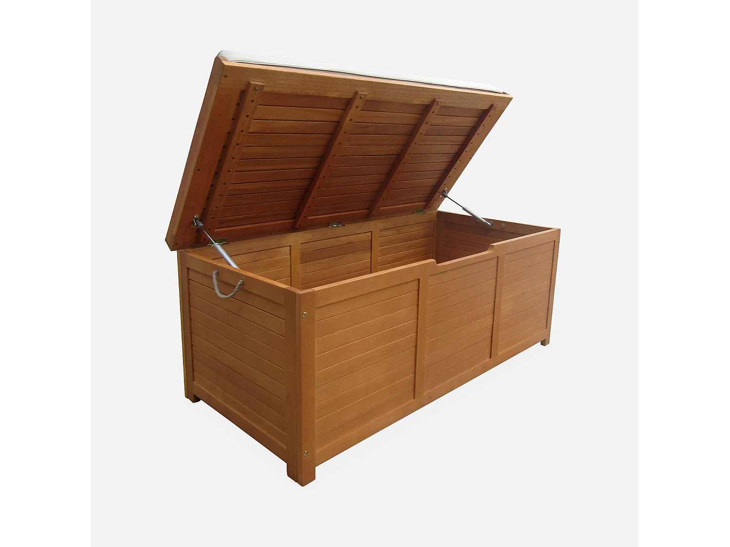 Coffre de jardin 200L en bois - Caja beige - 125x60cm rangement coussins avec 2 vérins et poignées