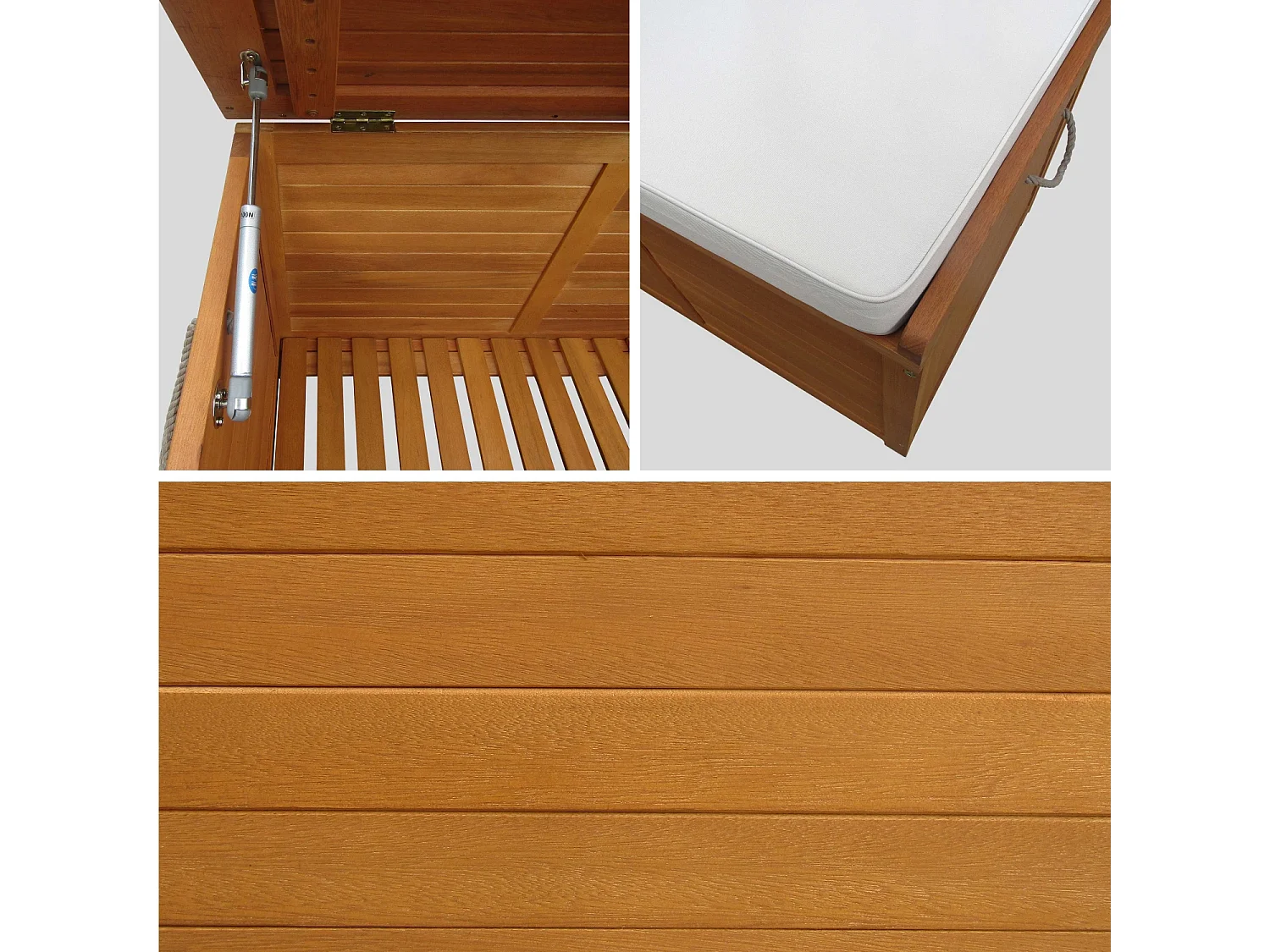Coffre de jardin 200L en bois - Caja beige - 125x60cm rangement coussins avec 2 vérins et poignées