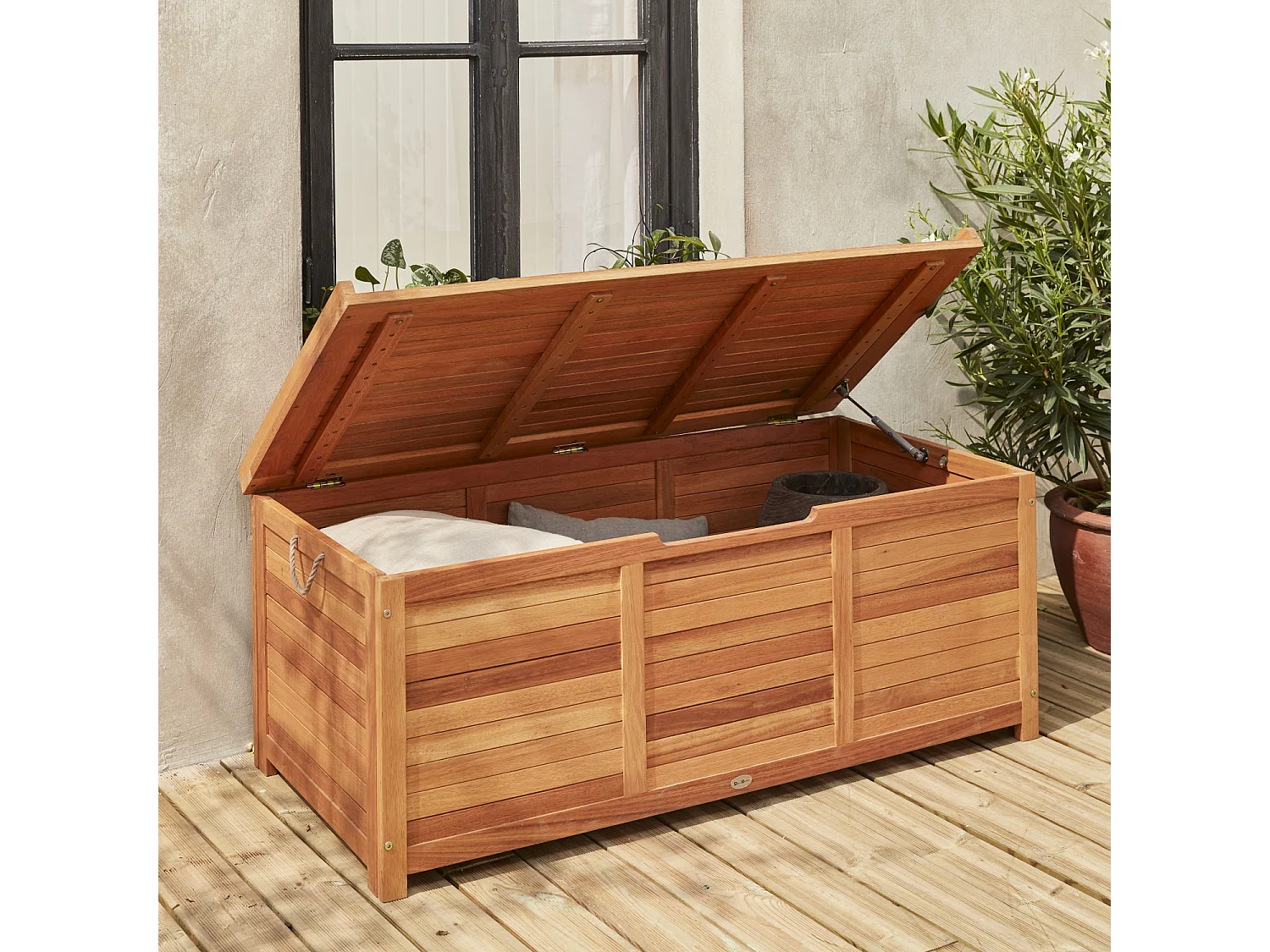 Coffre de jardin 200L en bois - Caja beige - 125x60cm rangement coussins avec 2 vérins et poignées