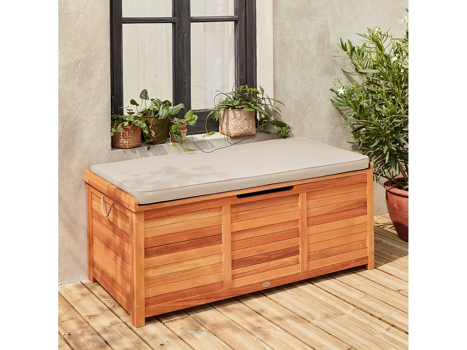 Coffre de jardin 200L en bois - Caja beige - 125x60cm rangement coussins avec 2 vérins et poignées