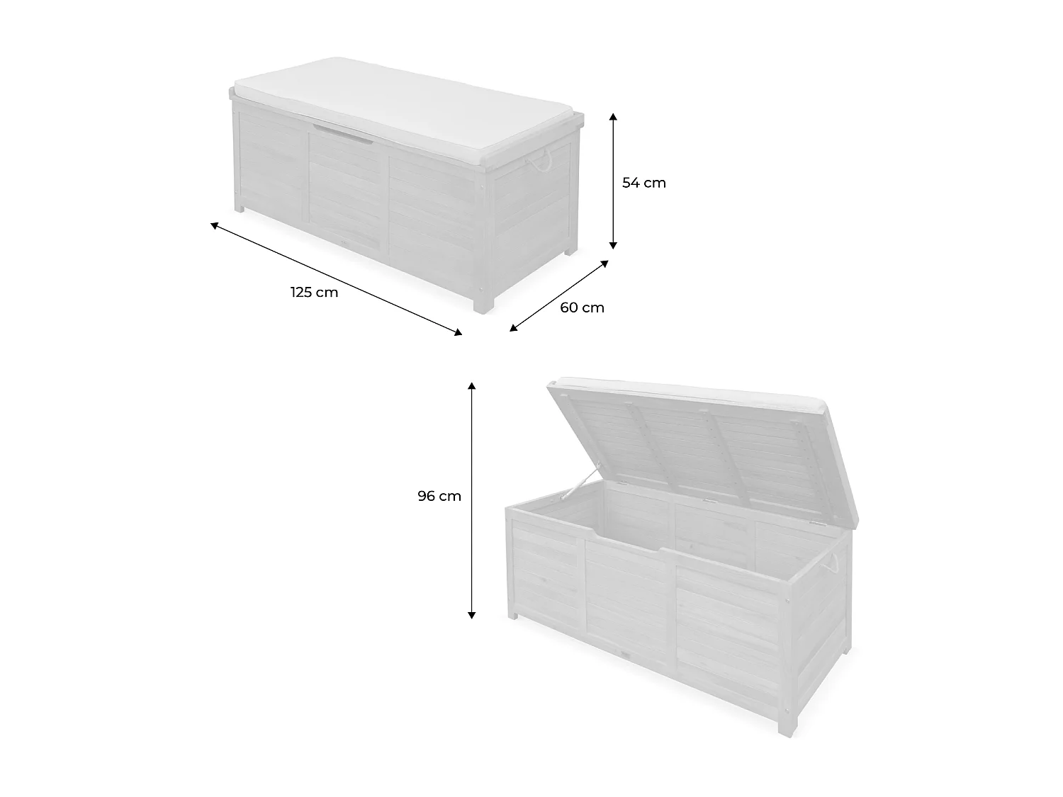 Coffre de jardin 200L en bois - Caja beige - 125x60cm rangement coussins avec 2 vérins et poignées