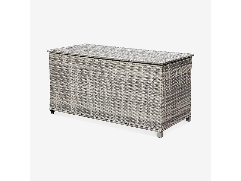 Baule da giardino in resina intrecciata con rotelle e fodera interna,
