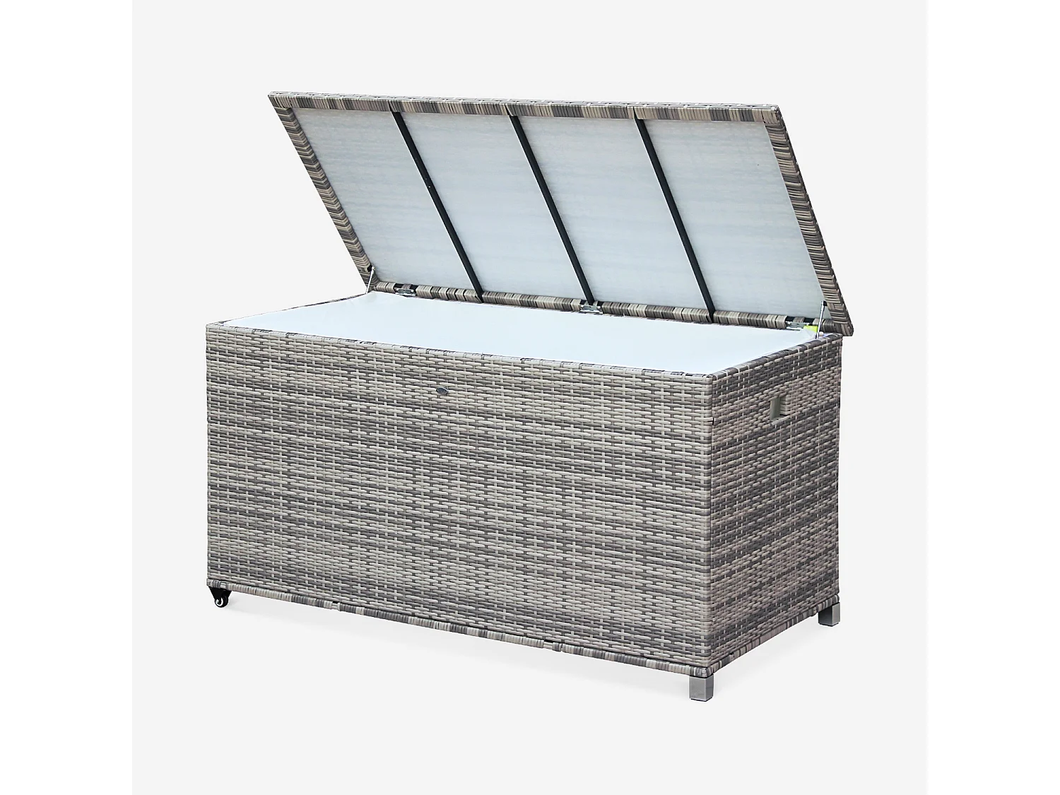 Baule da giardino in resina intrecciata con rotelle e fodera interna,